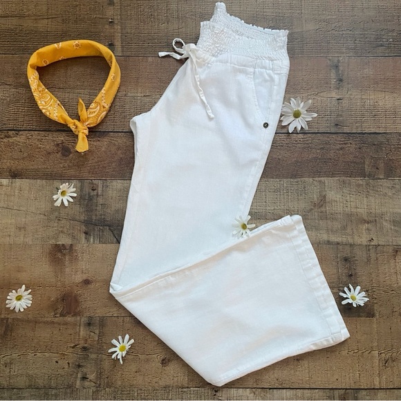 Love Tree Pants - White Linen Blend Drawstring Pants Smocked Waist Flared by Lovetree